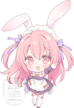 1girl :d animal_ears apron black_dress blush bow breasts chibi commentary_request detached_sleeves dress full_body hair_between_eyes hair_bow highres juliet_sleeves long_hair long_sleeves looking_at_viewer maid maid_headdress medium_breasts open_mouth original pink_hair puffy_sleeves purple_bow rabbit_ears red_eyes sakura_(usashiro_mani) simple_background smile solo standing thighhighs two_side_up usashiro_mani very_long_hair watermark white_apron white_background white_thighhighs