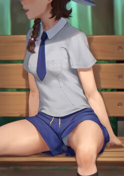 1girl absurdres beeeeen black_socks blurry braid breast_pocket brown_hair chromatic_aberration collared_shirt commentary_request condom condom_wrapper depth_of_field discreet_vibrator facing_to_the_side hair_over_shoulder hat head_out_of_frame highres juliana_(pokemon) kneehighs korean_commentary mixed-language_commentary necktie nintendo object_in_pocket on_bench open_mouth outdoors panties pantyshot pocket pokemon pokemon_sv public_indecency public_vibrator purple_necktie purple_shorts school_uniform sex_toy shirt short_shorts short_sleeves shorts single_braid sitting smile socks solo spread_legs steam underwear upshorts uva_academy_school_uniform vibrator vibrator_under_clothes vibrator_under_panties white_panties