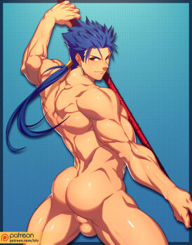 1boy ass back bara blue_hair completely_nude cropped_legs cu_chulainn_(fate) cu_chulainn_(lancer)_(fate) earrings fate/grand_order fate/stay_night fate_(series) fighting_stance from_behind gae_bolg_(fate) highres holding holding_weapon jewelry long_hair lvlv male_focus muscular nude paid_reward_available patreon_username polearm ponytail red_eyes sideburns solo spear testicles thick_thighs thighs weapon