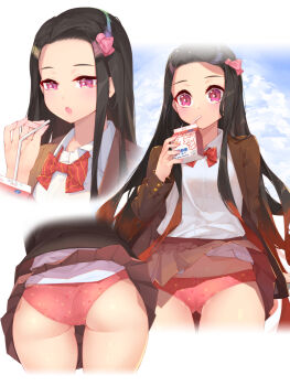 1girl :o accidental_exposure alternate_costume ass black_hair blazer blush bow bowtie brown_jacket brown_skirt clothes_lift cloud cropped_legs day drink_carton drinking fang forehead gradient_hair hair_ribbon half-closed_eyes highres jacket juice_box kamado_nezuko kimetsu_no_yaiba long_hair long_sleeves looking_at_viewer miniskirt multicolored_hair multiple_views open_clothes open_jacket open_mouth panties pink_panties pink_ribbon pleated_skirt purple_eyes red_bow red_hair red_neckwear ribbon school_uniform shirt skirt skirt_lift underwear very_long_hair waterring wedgie white_shirt wind wind_lift