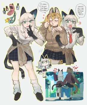 absurdres akiko_(vakiko6) animal_ears blonde_hair borrowed_character cardigan cat_ears cat_girl cat_tail chisato_and_takina_kicking_each_other's_butt_(meme) clothes_around_waist digitan_(porforever) green_eyes gyaru hair_between_eyes highres kogal leopard_ears leopard_girl leopard_tail long_hair meme original plaid_clothes plaid_skirt pleated_skirt school_uniform sidelocks simple_background skirt tail white_background white_hair