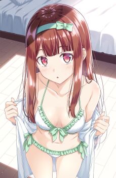1girl bed bedroom bikini blush bow breasts brown_hair cleavage collarbone comiket_107 commentary_request cowboy_shot from_above green_bikini hair_bow hairband highres idolmaster idolmaster_million_live! light_particles looking_at_viewer multicolored_bikini off_shoulder open_clothes open_mouth open_shirt orange_eyes orange_hair red_eyes shadow shirt skywaker small_breasts solo sunlight swimsuit tanaka_kotoha two-tone_bikini undressing white_bikini white_shirt