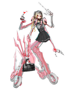 1girl 3d bag black_skirt blonde_hair calne_ca_(deino) deino_(deino3330) glasses gradient_hair grey_hair heart highres holding holding_bag jirai_kei joints long_fingers long_hair looking_at_viewer mechanical_arms mechanical_legs multicolored_hair nato-kun original outline robot robot_joints shirt skeletal_arm skirt solo wheel white_background white_outline
