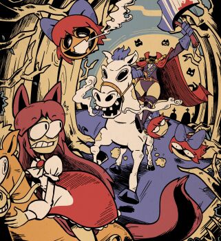 2girls animal_ears axe black_boots black_leotard blue_bow boots bow brown_hair cape commentary disembodied_head dullahan english_commentary grave hair_bow highres holding holding_axe horse imaizumi_kagerou jack-o&#039;-lantern kevin_arthur leotard long_hair looking_at_another multiple_girls multiple_heads red_cape red_hair sekibanki short_hair touhou wolf_ears wolf_girl