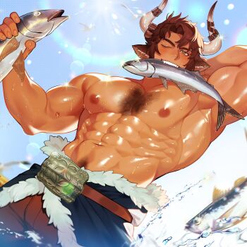 1boy abs amarimari1092 animal animal_ears armpits bara biceps blue_sky chest_hair commentary cow_boy cow_ears cow_horns english_commentary fish fish_in_mouth highres holding holding_animal holding_fish horns indie_virtual_youtuber lightoss looking_at_viewer male_focus muscular muscular_male nipples one_eye_closed pectorals sky smile sun_glare topless_male water
