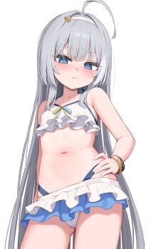 1girl :/ absurdres ahoge armpit_crease bare_shoulders bikini bikini_skirt blue_eyes blush closed_mouth collarbone commentary_request contrapposto extra_pupils female_tyrant_(stella_sora) female_tyrant_(swimsuit)_(stella_sora) frilled_bikini frills gluteal_fold grey_hair hair_intakes hair_ornament hairband hairclip hand_on_own_hip highres korean_commentary long_hair mannack navel simple_background solo standing stella_sora stomach sweat swimsuit tyrant_(stella_sora) very_long_hair white_background white_bikini white_hairband wristband