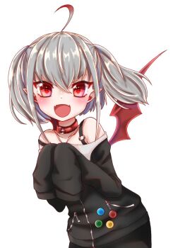 1girl :d ahoge badge bare_shoulders belt_collar black_jacket black_skirt blush button_badge collar collarbone colored_tips commentary_request cowboy_shot demon_wings dyed_ahoge fangs golgolgo_75 grey_hair hair_between_eyes hands_up jacket jewelry leaning_forward looking_at_viewer makaino_ririmu makaino_ririmu_(2nd_costume) medium_hair multicolored_hair necklace nijisanji off-shoulder_jacket off_shoulder open_mouth pointy_ears red_collar red_eyes red_streaks red_wings sidelocks simple_background skin_fangs skirt sleeves_past_fingers sleeves_past_wrists smile solo standing strap_slip streaked_hair twintails virtual_youtuber white_background wings zipper zipper_pull_tab