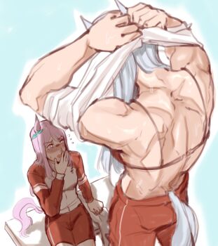 2girls alternate_muscle_size animal_ears back blue_background blush bra gold_ship_(umamusume) hair_ribbon height_difference horse_ears horse_girl horse_tail jacket long_hair mejiro_mcqueen_(umamusume) multiple_girls muscular muscular_female on_bench pink_hair ribbon simple_background sitting size_difference sweat tail track_jacket umamusume underwear undressing vennyyyy_draws white_hair yuri