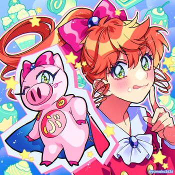 blue_background bow buurin_(tonde_buurin) drill_hair drill_sidelocks green_eyes hair_bow kokubu_karin long_hair neckerchief one_eye_closed pig ponytail red_bow red_hair red_shirt sailor_collar school_uniform serafuku shirt sidelocks superhero_costume tonde_buurin tongue tongue_out twitter_username upper_body white_neckerchief white_sailor_collar yamako_(state_of_children)