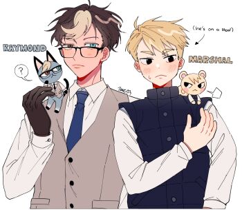 2boys ? animal animal_crossing animal_on_shoulder arrow_(symbol) black-framed_eyewear black_eyes black_gloves blonde_hair blue_eyes blue_jacket blue_necktie brown_eyes brown_hair buttons cat character_name clothed_animal creature_and_personification cropped_torso english_text glasses gloves grey_vest heterochromia highres jacket long_sleeves looking_at_animal majunjuu male_focus marshal_(animal_crossing) multicolored_hair multiple_boys necktie nintendo personification pocket raymond_(animal_crossing) shirt short_hair sigh signature simple_background sleeveless sleeveless_jacket slit_pupils spoken_question_mark squirrel streaked_hair thick_eyebrows turtleneck turtleneck_jacket v-neck vest white_background white_shirt