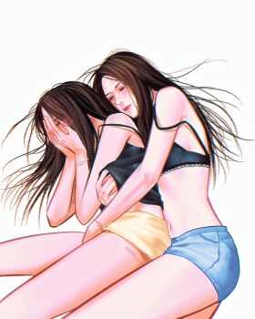 2girls ai-oon aishtlm arm_behind_back artist_name black_bra black_camisole black_hair blue_shorts blush blush_visible_through_hair bra bracelet camisole closed_eyes closed_mouth commentary_request couple covered_face covering_face denim denim_shorts highres implied_fingering jewelry korean_commentary long_hair lying may_methawi miniskirt multiple_girls navel no_shirt on_side pluto_(gmmtv) red_lips short_shorts shorts simple_background skirt stomach straight_hair strap_slip underwear white_background yellow_skirt yuri