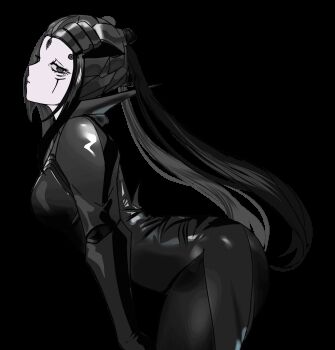 1girl animated animated_gif artist_request ass_shake black_bodysuit black_eyes black_hair blame! bodysuit breasts check_artist expressionless highres long_hair looking_at_viewer mechanical_hair medium_breasts pale_skin pcell silicon_creature_(blame!) solo tagme transparent_background twerking usergore