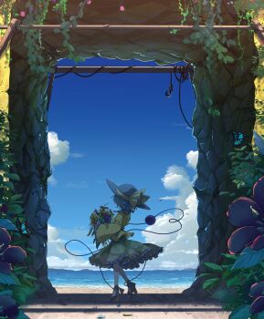 1girl beach black_hat blouse blue_butterfly blue_flower blue_rose blue_sky bouquet bow bug building butterfly cloud collared_shirt commentary_request dated day eyeball eyelashes facing_away floral_print flower frilled_shirt_collar frilled_skirt frilled_sleeves frills from_side green_skirt grey_hair hat hat_bow hat_ribbon heart heart_of_string high_heels highres holding holding_bouquet holding_flower hook insect island komeiji_koishi letterboxed long_sleeves looking_to_the_side making-of_available medium_hair ocean outdoors plant print_skirt ribbon rose rose_print sand scenery shade shadow shirt signature skirt sky solo standing string sun_hat sunflower tami_(joemanyodw) third_eye touhou tube vines wavy_hair wide_sleeves yellow_bow yellow_flower yellow_ribbon yellow_shirt