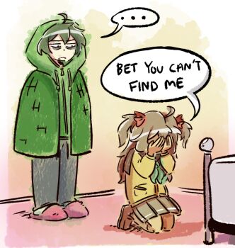 ... 1girl :o ahoge aqua_bow aqua_bowtie bags_under_eyes bed bow bowtie brown_shoes cardigan cloak commentary covering_own_face drawstring english_commentary full_body green_cloak green_hair green_hoodie grey_pants grey_skirt hair_between_eyes hair_bow hair_ribbon hands_on_own_face hide_and_seek honeythekawaiibunny_(artist) hood hood_up hoodie indoors kneehighs kneeling loafers long_hair long_sleeves looking_at_another messy_hair miniskirt neuro-sama open_mouth pants pink_slippers pleated_skirt red_bow ribbon school_uniform serafuku shoes short_hair skirt slippers socks spoken_ellipsis standing two_side_up vedal987 vedal_ai virtual_youtuber watercolor_effect white_socks yellow_cardigan you're_doing_it_wrong zipper zipper_pull_tab