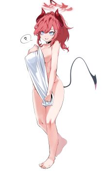 1girl ? absurdres blue_archive blush breasts choker demon_horns demon_tail fang full_body hair_ornament halo highres horns large_breasts long_hair looking_at_viewer megu_(blue_archive) naked_towel open_mouth plentyofempty pointy_ears purple_eyes red_hair red_horns smile solo spoken_question_mark tail towel