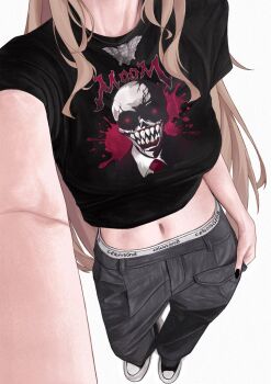 1girl arm_at_side black_nails black_shirt brown_hair clothes_writing crop_top cropped_shirt english_text fingernails foreshortening grey_pants hashtag-only_commentary head_out_of_frame hololive hololive_english long_hair midriff nail_polish nanashi_mumei navel outstretched_arm panties pants panty_peek print_shirt selfie shirt shoes short_sleeves simple_background skull_print sneakers solo standing t-shirt underwear unmeidesu very_long_hair white_background white_panties