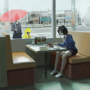 1other 2girls absurdres black_eyes black_hair black_shorts blue_hoodie diner eating food fork highres holding holding_fork hood hoodie multiple_girls okura_lino open_mouth original plate raincoat short_hair shorts sitting table umbrella white_footwear window yellow_raincoat