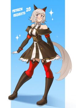 1girl absurdres animal_ears bare_shoulders black_boots blush boots bow breasts closed_mouth coat commentary curren_chan_(fille_eclair)_(umamusume) curren_chan_(umamusume) deliciousbrain dress ear_bow ear_covers english_commentary full_body gloves grey_hair highres horse_ears horse_girl horse_tail long_sleeves medium_breasts off-shoulder_coat off-shoulder_dress off-shoulder_jacket off_shoulder purple_eyes red_bow red_thighhighs short_hair smile solo striped_clothes striped_dress tail thighhighs umamusume vertical-striped_clothes vertical-striped_dress white_gloves