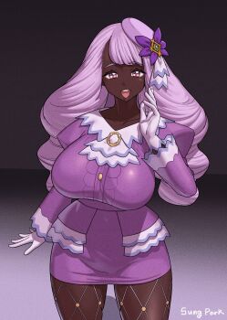 :d absurdres alternate_breast_size_(larger) breasts curvy dark-skinned_female dark_skin drill_hair fishnet_pantyhose fishnets gloves hair_ornament highres jacinthe_(pokemon) large_breasts nintendo open_mouth pantyhose pink_hair pokemon pokemon_legends:_z-a smile solo sungpark very_dark_skin white_gloves