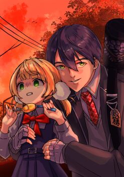 1boy 1girl bandaged_hand bandages belt bird black_belt black_jacket blonde_hair blue_dress bow bowtie clenched_teeth commentary_request crime_prevention_buzzer_threat dress flat_chest gloom_(expression) green_eyes hair_between_eyes hair_ornament height_difference highres hug hug_from_behind icenoa1011 indie_virtual_youtuber jacket kenmochi_touya kenmochi_touya_(1st_costume) long_sleeves medium_hair necktie nijisanji omamori outdoors pinafore_dress pom_pom_(clothes) pom_pom_hair_ornament purple_hair red_bow red_bowtie red_necktie shigure_ui_(vtuber) shigure_ui_(young)_(vtuber) shirt short_hair sidelocks sleeveless sleeveless_dress smile sunset tachi-e teeth tree vest weapon_bag white_shirt