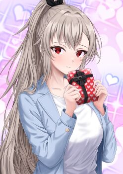 1girl absurdres alternate_costume blue_jacket breasts closed_mouth collarbone commentary english_commentary eydis_(sao) eyelashes gift grey_hair hair_intakes hands_up heart heart_background high_ponytail highres holding holding_gift jacket large_breasts light_blush long_hair looking_at_viewer mixed-language_commentary open_clothes open_jacket phanuchan ponytail purple_background raised_eyebrows red_eyes shirt sidelocks solo sparkle_background sword_art_online sword_art_online:_alicization sword_art_online:_unleashed_blading two-tone_background upper_body valentine white_background white_shirt