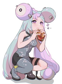 Rule 34 | 1girl, aqua hair, black shorts, blush, bow-shaped hair, breasts, burger, closed mouth, double bun, eating, fake hair bun, food, grey footwear, grey pantyhose, grey shirt, hair bun, holding, holding burger, holding food, iono (pokemon), long hair, mizuiro123, multicolored hair, nintendo, pantyhose, pink eyes, pink hair, pokemon, pokemon sv, shirt, shorts, simple background, single leg pantyhose, solo, squatting, thighs, two-tone hair, very long hair, white background