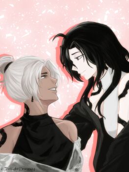 Rule 34 | 2girls, absurdres, adventoftwilight, arm tattoo, black eyes, black hair, black jacket, black shirt, curtained hair, dark-skinned female, dark skin, drop shadow, earrings, hair bun, highres, jacket, jacket partially removed, jewelry, looking at another, multiple girls, neck tattoo, rain (shadow slave), shadow slave, shirt, sleeveless, sleeveless shirt, smile, snake tattoo, tamar (shadow slave), tattoo, upper body, white hair, white shirt, yuri