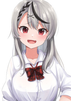 1girl absurdres black_streaks blush bow bowtie braid breasts collared_shirt commentary double-parted_bangs fang grey_hair hair_ornament highres hololive large_breasts long_hair looking_at_viewer multicolored_hair open_mouth plaid_bow raised_inner_eyebrows ramkilog red_bow red_eyes sakamata_chloe shirt simple_background single_braid smile solo streaked_hair upper_body virtual_youtuber white_background white_shirt x_hair_ornament