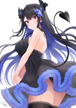 1girl asymmetrical_horns bare_shoulders black_hair black_horns black_tail black_thighhighs blue_hair blush breasts cleavage commentary demon_tail english_commentary from_side ghosttbyun highres hololive hololive_english horns large_breasts long_hair mole mole_under_eye multicolored_hair nerissa_ravencroft purple_eyes simple_background solo tail thighhighs thighs two-tone_hair uneven_horns virtual_youtuber white_background