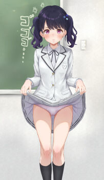 1girl black_hair black_socks blazer blush breasts ca_paria chalkboard closed_mouth clothes_lift collared_shirt flower fukumaru_koito hair_flower hair_ornament idolmaster idolmaster_shiny_colors jacket lifting_own_clothes light_switch looking_at_viewer neck_ribbon panties purple_eyes ribbon school_emblem school_uniform shirt skirt skirt_lift small_breasts socks standing twintails underwear white_jacket white_panties white_shirt