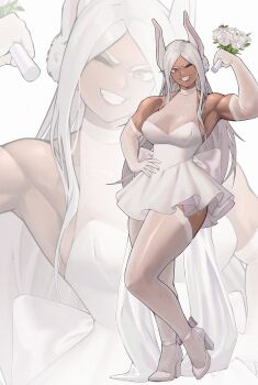 1girl ;d absurdres alternate_costume animal_ears armpits bare_shoulders boku_no_hero_academia bouquet bow breasts commentary dark-skinned_female dark_skin dress dress_bow elbow_gloves english_commentary flexing flower gloves hand_on_own_hip hand_up high_heels highres holding holding_bouquet large_breasts leotard long_eyelashes long_hair looking_at_viewer mirko muscular muscular_female one_eye_closed open_mouth parted_bangs rabbit_ears rabbit_girl red_eyes shoes sleeveless sleeveless_dress smile solo taut_leotard thick_thighs thighhighs thighs turtleneck turtleneck_dress very_long_hair white_dress white_flower white_gloves white_hair white_shoes white_thighhighs zoom_layer zukululuu