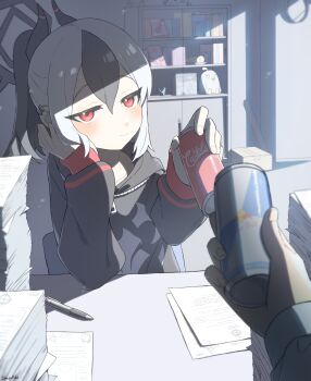 1boy 1girl absurdres artist_name black_hair black_jacket blue_archive brand_name_imitation cabinet cake can closed_mouth coca-cola commentary_request desk drink_can earclip energy_drink food halo hand_on_own_cheek hand_on_own_face head_rest highres holding holding_can indoors jacket kayoko_(blue_archive) light_smile long_sleeves looking_at_viewer multicolored_hair origami paper paper_crane paper_stack pen peroro_(blue_archive) pov pov_hands red_bull red_eyes sanso_aki sensei_(blue_archive) sidelighting smile soda_can solo_focus streaked_hair swiss_roll two-tone_hair white_hair