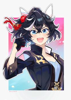 1girl animal_ears black_hair blue_eyes ear_covers followers_favorite_challenge hair_between_eyes hair_ornament highres horse_ears horse_girl jacket katsuragi_ace_(dragon_rising_to_the_top)_(umamusume) katsuragi_ace_(umamusume) long_sleeves looking_at_viewer multicolored_hair multiple_drawing_challenge ponytail quro914803 shirt smile solo streaked_hair tassel tassel_hair_ornament umamusume white_hair