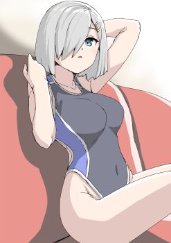 1girl 30-06 black_one-piece_swimsuit blue_eyes blue_one-piece_swimsuit blush breasts collarbone commentary_request competition_swimsuit couch covered_navel grey_hair hair_ornament hair_over_one_eye hairclip hamakaze_(kancolle) highres kantai_collection large_breasts looking_at_viewer one-piece_swimsuit open_mouth short_hair sitting solo swimsuit two-tone_swimsuit