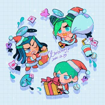 3girls baseball braid bug butterfly cd chibi christmas closed_mouth cup disposable_cup double_bun dreadlocks english_text ermes_costello expressionless film_grain foo_fighters_(jojo) gift green_hair grid_background hair_bun hair_ornament hat highres insect jojo_no_kimyou_na_bouken kiss_(stand) kuujou_jolyne long_hair multiple_girls natchan_blue_(nanairopenki) open_mouth sack santa_costume santa_hat short_hair sparkle stone_ocean water_drop