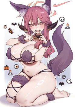 1girl absurdres animal_ears aru_(blue_archive) bare_shoulders barefoot bell bikini blue_archive blush breasts brown_eyes choker cleavage collarbone cosplay demon_horns fake_animal_ears fake_tail fangs finger_to_mouth fur_bikini groin hair_between_eyes halo highres horns large_breasts leg_wrap long_hair mash_kyrielight mash_kyrielight_(dangerous_beast) mash_kyrielight_(dangerous_beast)_(cosplay) navel neck_bell open_mouth purple_bikini purple_fur red_hair red_halo ring_light_reflection seiza sitting smile solo swimsuit tail thigh_strap thighs wolf_ears wolf_tail xiao_jian