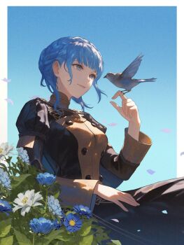 1girl bird bird_on_hand blue_hair blue_sky border braid breasts brown_eyes closed_mouth crown_braid day fire_emblem fire_emblem:_three_houses garreg_mach_monastery_uniform highres long_sleeves looking_at_animal marianne_von_edmund medium_breasts nintendo outdoors puffy_long_sleeves puffy_sleeves sky smile solo white_border wrainbow13