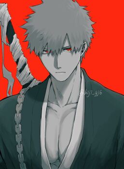 1boy black_kimono bleach highres hijiko japanese_clothes kimono kurosaki_ichigo muscular muscular_male red_background serious signature spiked_hair weapon weapon_on_back zanpakutou