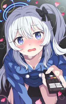 1girl absurdres all_fours barefoot black_bow blue_archive blue_halo blue_hoodie blush bow breasts breath collarbone commentary controller downblouse embarrassed furrowed_brow hair_between_eyes hair_bow halo heart highres holding holding_remote_control hood hood_down hoodie long_hair looking_at_viewer medium_breasts mikoshi_(user_wvyd4348) miyako_(blue_archive) miyako_(young)_(blue_archive) nose_blush official_alternate_costume one_side_up open_mouth pajamas pom_pom_(clothes) purple_eyes remote_control solo sparkle straight-on sweat very_long_hair wavy_mouth white_hair
