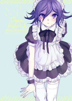 1boy absurdres alternate_costume apron aqua_background black_dress black_ribbon blush bow character_name closed_mouth commentary_request copyright_name crossdressing crossdressing_(mtf) danganronpa_(series) danganronpa_v3:_killing_harmony dress enmaided flipped_hair frilled_apron frilled_dress frills hair_between_eyes heart heart-shaped_pupils highres leaning_forward looking_at_viewer luna_11777 maid maid_apron maid_headdress male_focus male_maid medium_hair oma_kokichi puffy_short_sleeves puffy_sleeves purple_eyes purple_hair ribbon short_sleeves simple_background solo symbol-shaped_pupils thighhighs trap two_side_up white_apron white_thighhighs wristband yellow_text