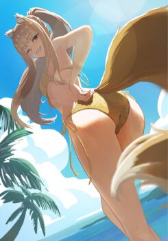 1girl animal_ears ass bare_arms bare_shoulders bikini blunt_bangs blurry blurry_foreground breasts brown_hair fang from_below grin highres holo midriff ocean one_eye_closed palm_tree ponytail red_eyes sidelocks small_breasts smile solo sotti_kotti spice_and_wolf swimsuit tail teeth tree wolf_ears wolf_girl wolf_tail yellow_bikini