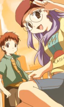 Rule 34 | 00s, brown eyes, brown hair, digimon, digimon adventure 02, glasses, hat, inoue miyako, izumi koshiro, kurot, long hair, lowres, purple hair, salute, shirt, short hair, sunset, town, two-finger salute