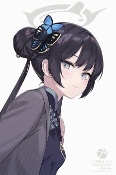 1girl black_hair blue_archive breasts butterfly_hair_ornament china_dress chinese_clothes coat double_bun dragon_print dress grey_eyes hair_bun hair_ornament halo highres kisaki_(blue_archive) long_hair print_dress rokuwata_tomoe simple_background sleeveless sleeveless_dress small_breasts solo striped_coat twintails vertical-striped_coat wispy_bangs