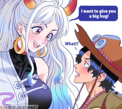 Rule 34 | 1boy, 1girl, alternate costume, black hair, blush, breasts, commentary, earrings, english commentary, english text, freckles, hat, height difference, highres, horns, jewelry, large breasts, long hair, looking at another, multicolored hair, necklace, one piece, oni, open mouth, orange eyes, portgas d. ace, rita ya, short hair, smile, speech bubble, two-tone hair, white hair, yamato (one piece)