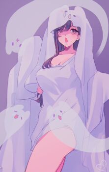 1girl absurdres breasts brown_eyes brown_hair ghost ghost_costume hair_between_eyes highres indie_virtual_youtuber kokomi_(aniesuakkaman) kokomi_(vtuber) large_breasts long_hair looking_at_viewer open_mouth purple_background solo virtual_youtuber