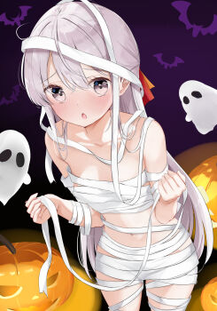1girl absurdres bandaged_arm bandaged_chest bandaged_head bandaged_leg bandaged_torso bandages blush breasts ghost grey_eyes grey_hair halloween halloween_costume hamaken._(novelize) highres jack-o&#039;-lantern looking_at_viewer mummy mummy_costume naked_bandage navel open_mouth original small_breasts solo