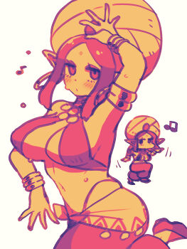 1girl belly_dancing bindi breast_curtains breasts chibi chibi_inset dancing earrings facial_mark forehead_mark genie genie_(siva-siva) half_note highres hoop_earrings jewelry jitome large_breasts long_pointy_ears musical_note neck_ring original pointy_ears sidelocks simple_background siva-siva turban white_background