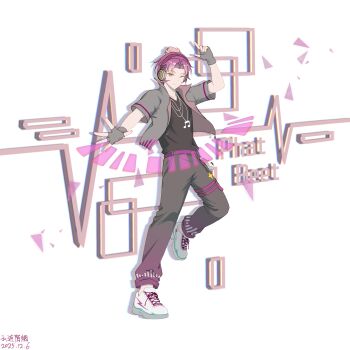 Rule 34 | 1boy, 2025, ;), absurdres, arm up, black shirt, bright pupils, chain, character name, charm (object), chinese commentary, chinese text, chromatic aberration, closed mouth, collared jacket, commentary request, curtained hair, dated, drop shadow, facial mark, fenghongshenqiushi, fingerless gloves, full body, gloves, green eyes, grey gloves, grey jacket, grey pants, hair bun, headphones, highres, index finger raised, jacket, jewelry, male focus, musical note, musical note necklace, necklace, one eye closed, open clothes, open jacket, outstretched hand, pants, personification, phat beet (plants vs. zombies), pink hair, plants vs. zombies, plants vs. zombies 2, pointing, pointing up, procreate (medium), shirt, shoelaces, shoes, short-sleeved jacket, short hair, short sleeves, simple background, single hair bun, smile, sneakers, solo, standing, standing on one leg, translation request, triangle, very short hair, white background, white pupils, white shoes