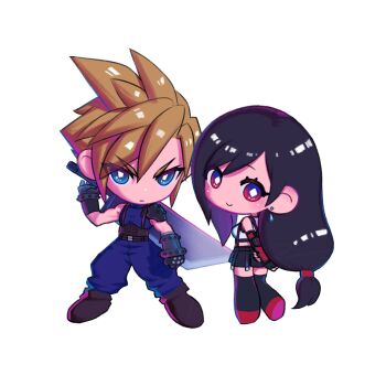 1boy 1girl arms_behind_back baggy_pants bailian bare_shoulders black_gloves black_hair black_skirt black_thighhighs blonde_hair blue_eyes blue_pants blue_sweater boots breasts brown_boots buster_sword chibi chibi_only closed_mouth cloud_strife commentary_request crop_top earrings final_fantasy final_fantasy_vii final_fantasy_vii_remake fingerless_gloves from_behind full_body gloves hair_behind_ear highres jewelry long_hair looking_at_viewer looking_back low-tied_long_hair medium_breasts miniskirt pants red_boots red_eyes serious single_arm_guard single_earring skirt sleeveless sleeveless_turtleneck smile spiked_hair standing suspender_skirt suspenders sweater sword sword_on_back tank_top teardrop_earrings thighhighs tifa_lockhart turtleneck turtleneck_sweater v-shaped_eyebrows very_long_hair weapon weapon_on_back white_background white_tank_top zettai_ryouiki