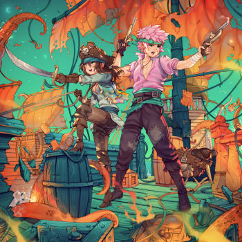 1boy 1girl aiming amulet animal antique_firearm aqua_headband aqua_sash artist_name bandaged_arm bandages barrel battle_damage belt bird black_boots black_pants blue_sky boots bottle breasts brown_boots brown_gloves brown_hair brown_pants cleavage clothed_animal commentary crate crescent_moon cross cross_necklace cup cutlass dated earrings english_commentary facial_scar firearm firelock flag flintlock gloves grey_shirt gun handgun hat headband high_heel_boots high_heels holding holding_gun holding_rope holding_sword holding_weapon hole_in_floor jewelry kiwi_(bird) knee_up kraken long_hair looking_to_the_side moon mug multicolored_vest multiple_belts necklace ocean open_mouth original pants patch pectoral_cleavage pectorals pink_hair pink_shirt pirate pirate_hat pirate_ship plunging_neckline pointing_melee_weapon rope sailing_ship sash scar scar_on_cheek scar_on_face shirt short_hair simz single_glove sky smoke smoking_barrel standing suction_cups sword teeth tentacles torn_clothes torn_shirt treasure_map tricorne upper_teeth_only wanted_poster water_drop weapon wooden_floor